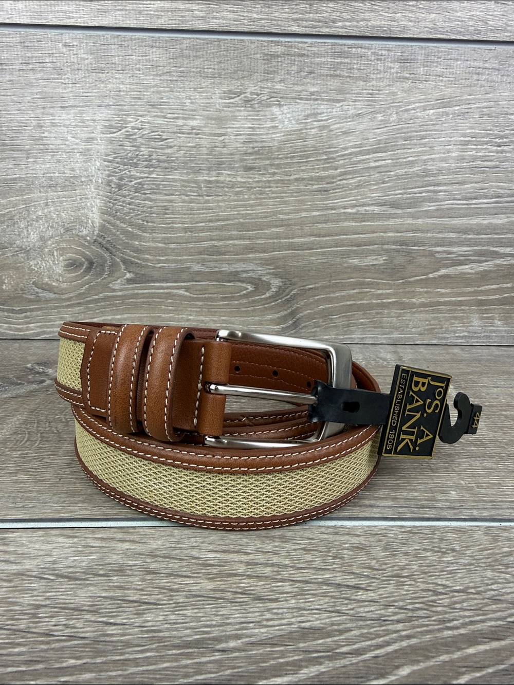Jos. A. Bank 6375 Men Sz 44 Khaki Inlaid Brown Leather Casual Belt Silver Buckle